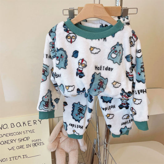 Flannel Pajamas Children's Coral Fleece Boys Girls Baby Cartoon Round Neck Home Clothes Plush Thickened Set