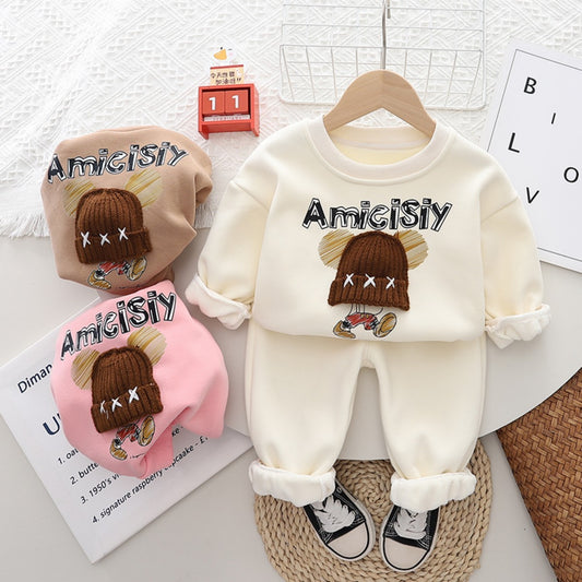 New autumn and winter new style baby plus fleece sweater suit girls leisure one-piece fleece round neck winter wear two-piece sweater