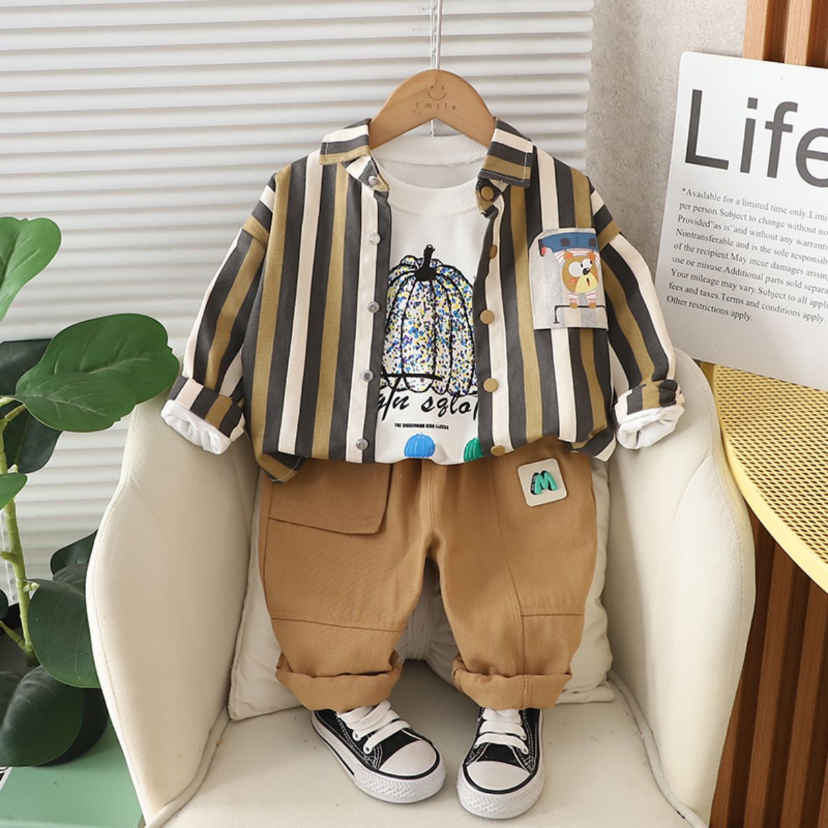 Children's autumn new cartoon animal shirt three-piece baby clothes autumn striped suit trendy