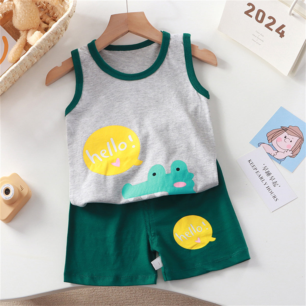 Cartoon pure cotton children's sleeveless boy summer wear small vest summer boy two-piece suit