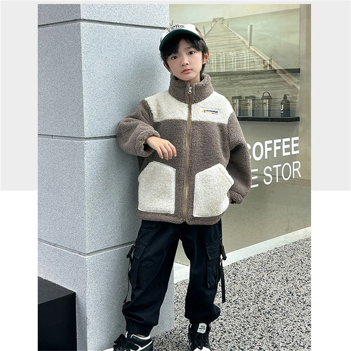 Winter plush and thickened color matching casual jacket for boys and girls