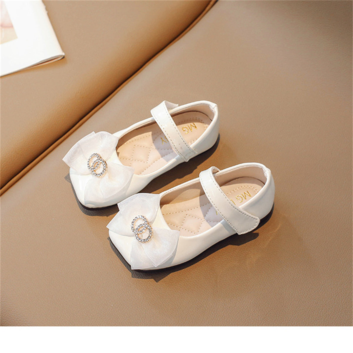 Sweet Chanel style square toe bow flat leather shoes for little girls