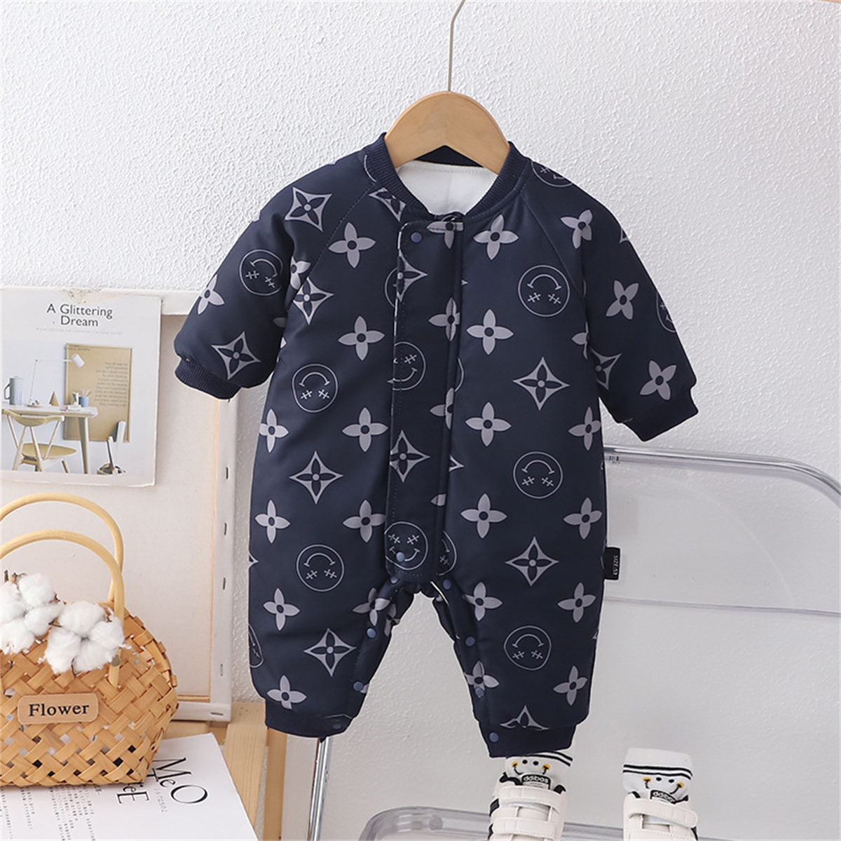 Baby winter thickened printed down cotton jacket romper