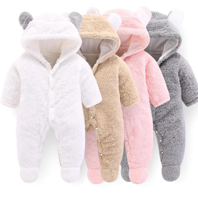 Baby Solid Color Bear Ear Plush Long-sleeved Long-leg Romper