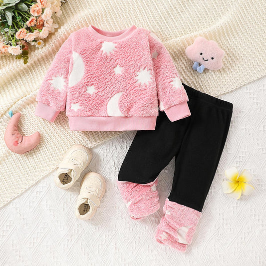 2 Pack Baby Girls Casual Cute Double-Sided Plush Ribbed Round Neck Long Sleeve and Slim Fit Legs Gathered Pants Autumn Winter