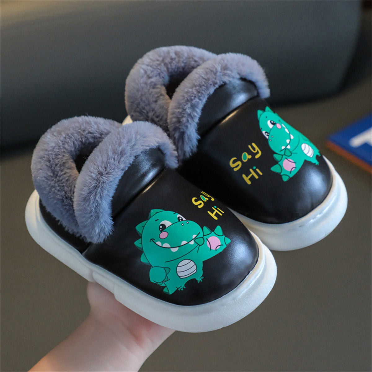 Children's boy's dinosaur waterproof warm plush home shoes with closed toe cotton slippers