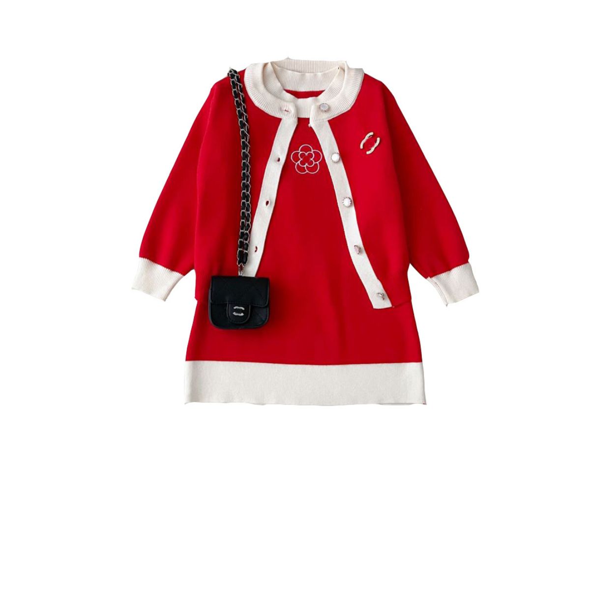 Girls dress set spring new children's fashionable Chanel style knitted cardigan vest dress two-piece set