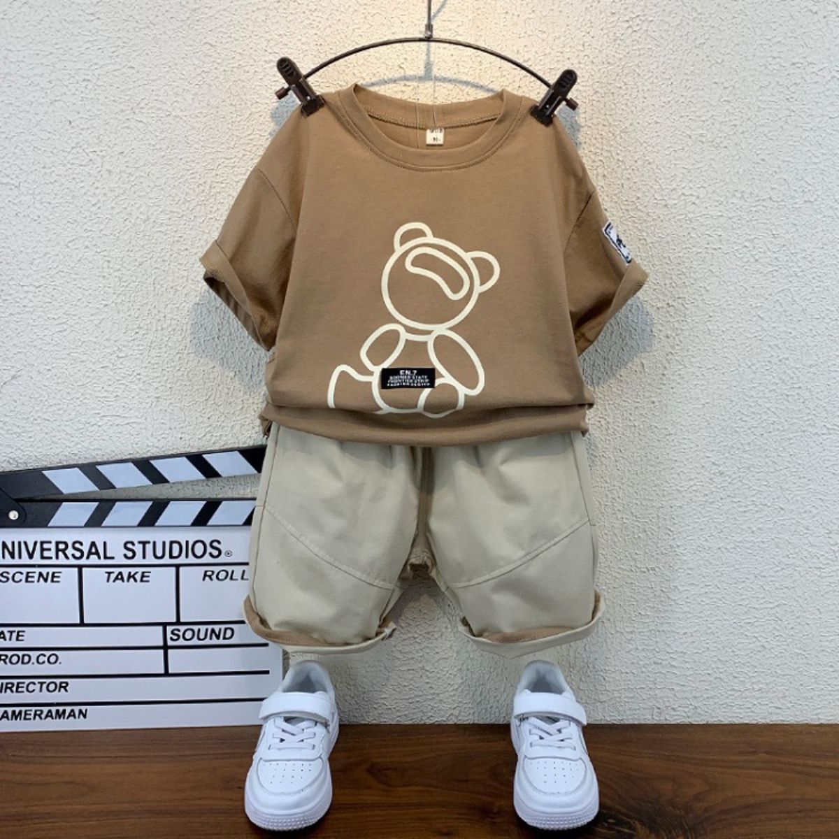 Children's clothing children's suit boys and girls children's solid color bear print armband T-shirt short-sleeved shorts summer trend two-piece suit