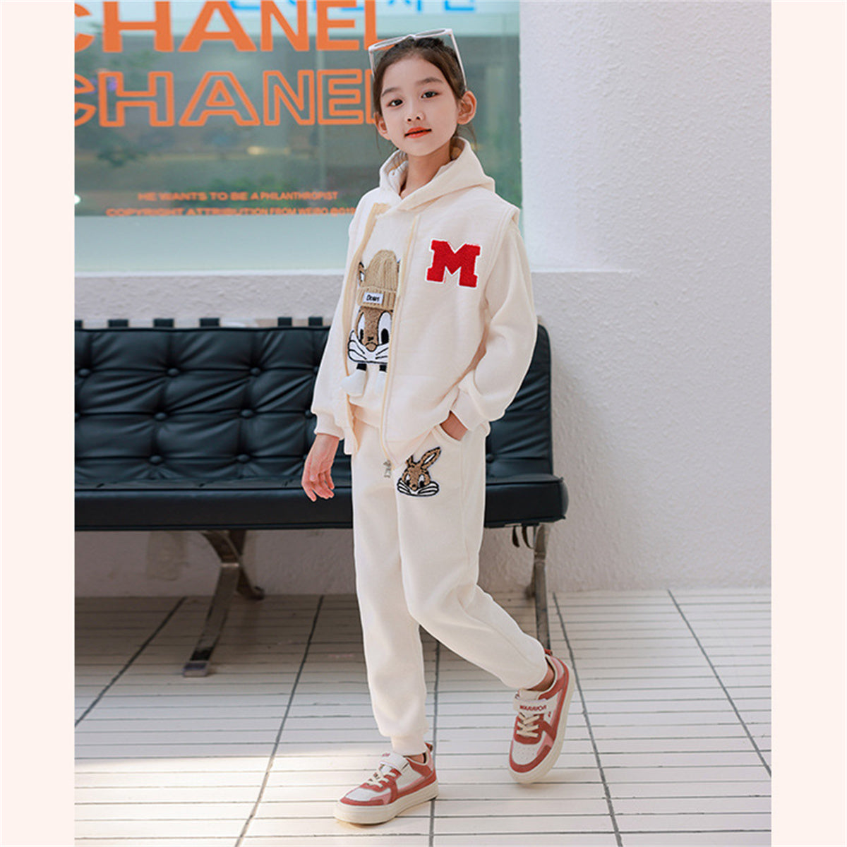 Girls autumn and winter three-piece suits plus velvet and thick sports casual style cute pattern multi-piece suit