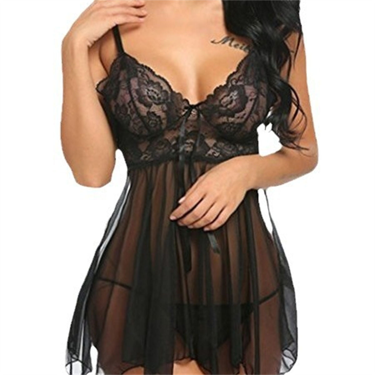 Sexy lingerie women's see-through front slit suspender nightdress