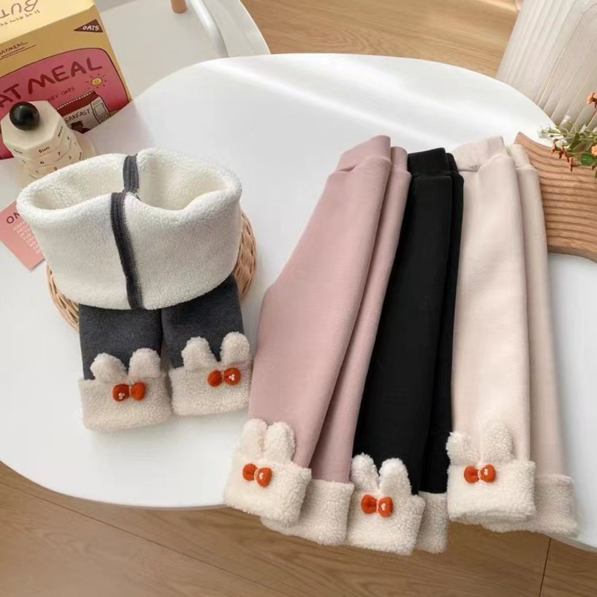 Girls rabbit ears plus velvet leggings thickened autumn and winter baby girls one-piece velvet lambskin outer wear warm pants