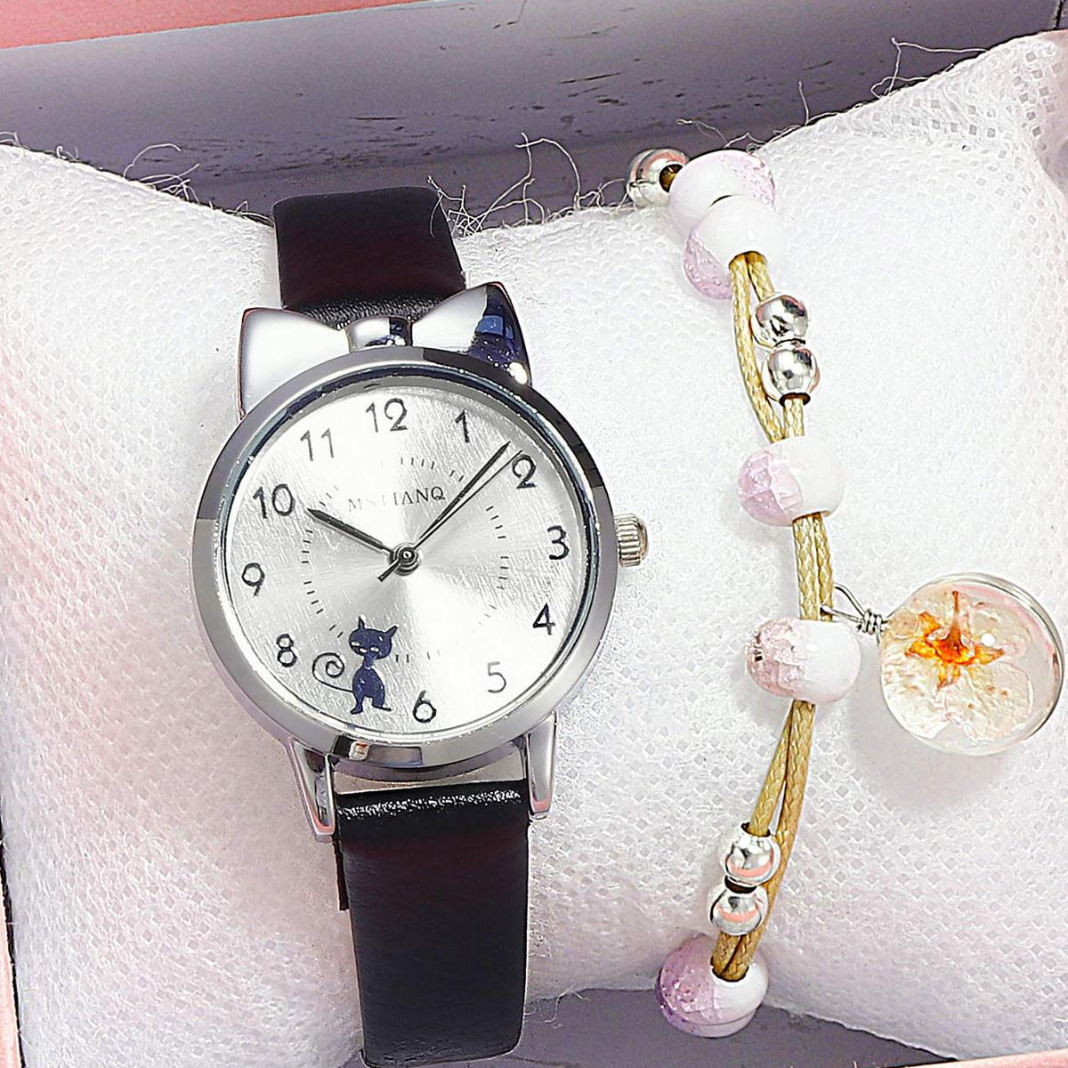 Children Girls 2-piece Set Cute Lady Style Cartoon Cat Moon Bracelet Watch