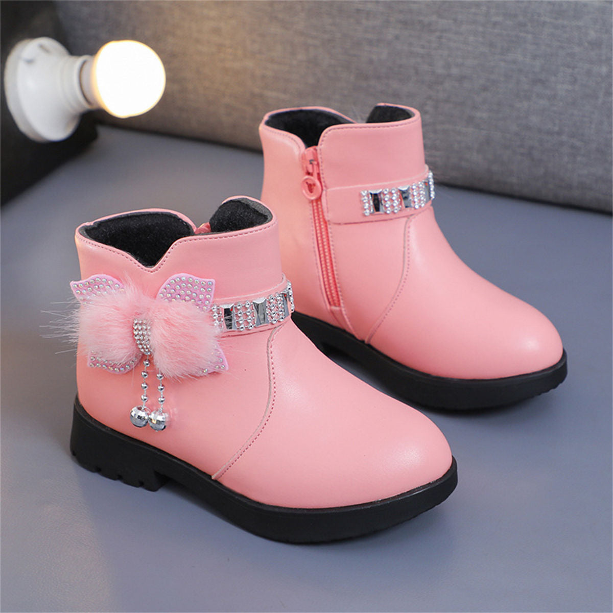 Cute furry and diamond warm waterproof Martin boots for girls in winter