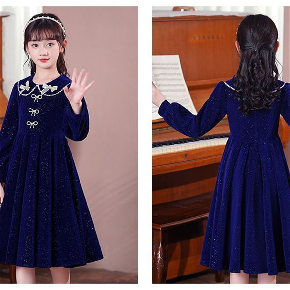 Winter solid color exquisite lady style shiny bow long sleeve dress for middle and large children girls