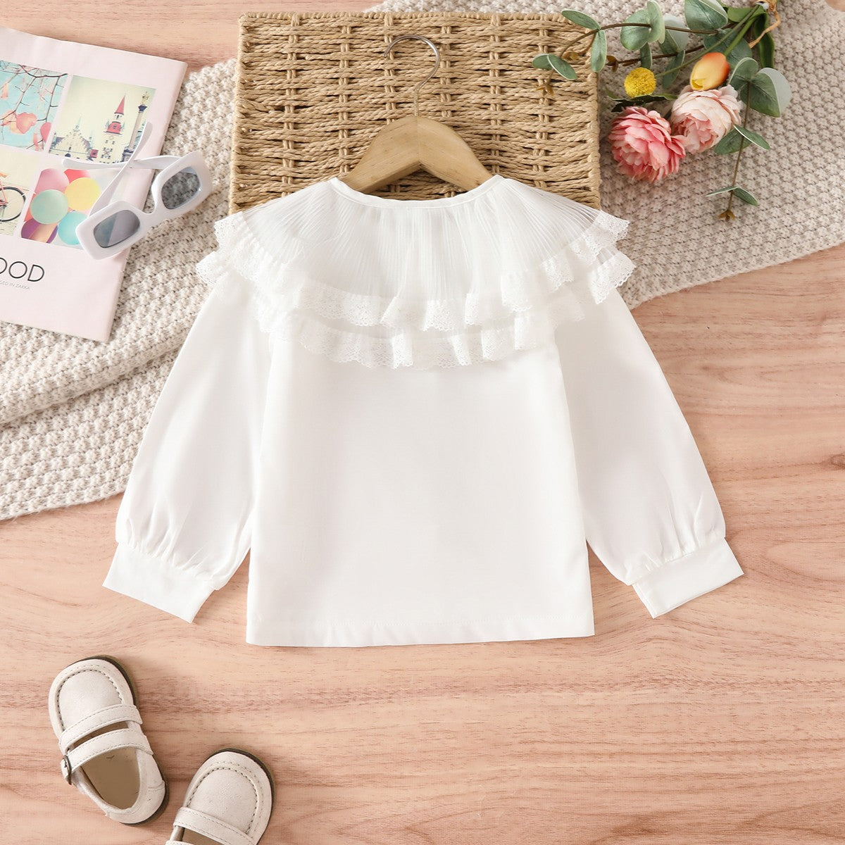 4-7 years old girls elegant ladies daily versatile double-layer lace mesh splicing collar bow simple long-sleeved shirt