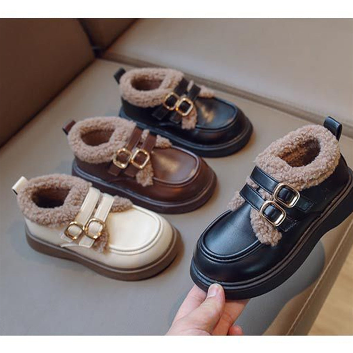 Children's girls' winter style British style plus velvet warm leather shoes low-top cotton shoes