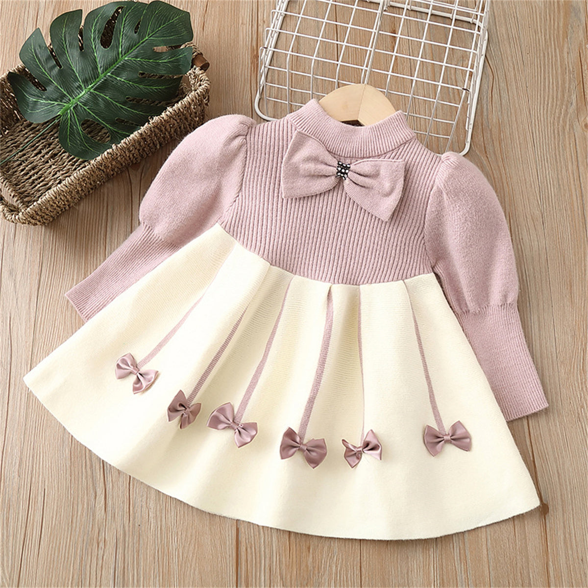 Girls sweater dress children's sweater knitted long skirt autumn and winter new bow small fragrance style sweet princess skirt