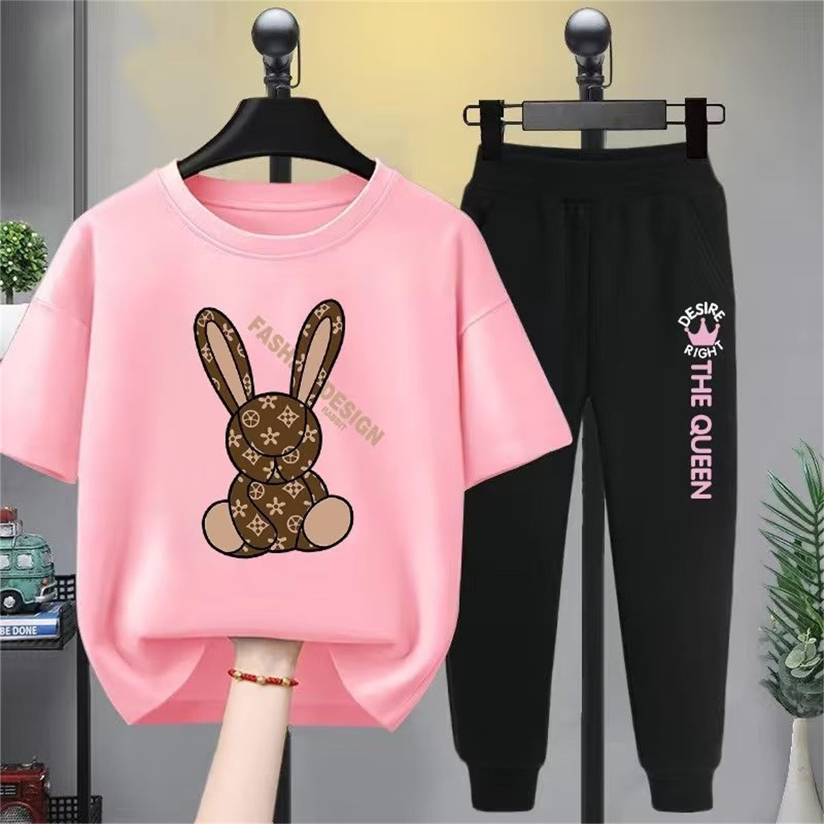 Girls Rabbit Print Casual Suit Big Kids Sports Cuffed Trousers