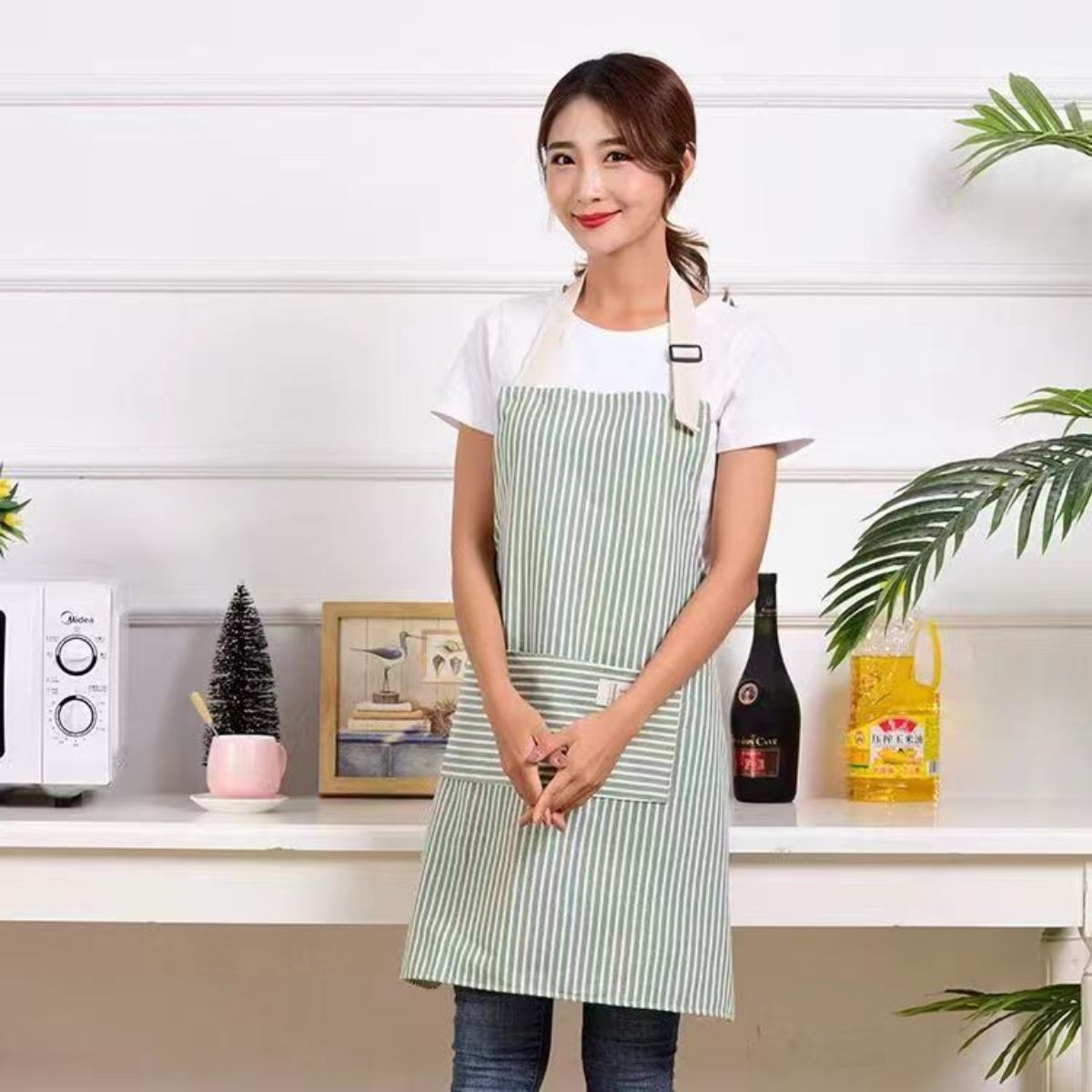 Cotton and Linen Striped Housework Breathable Kitchen Apron