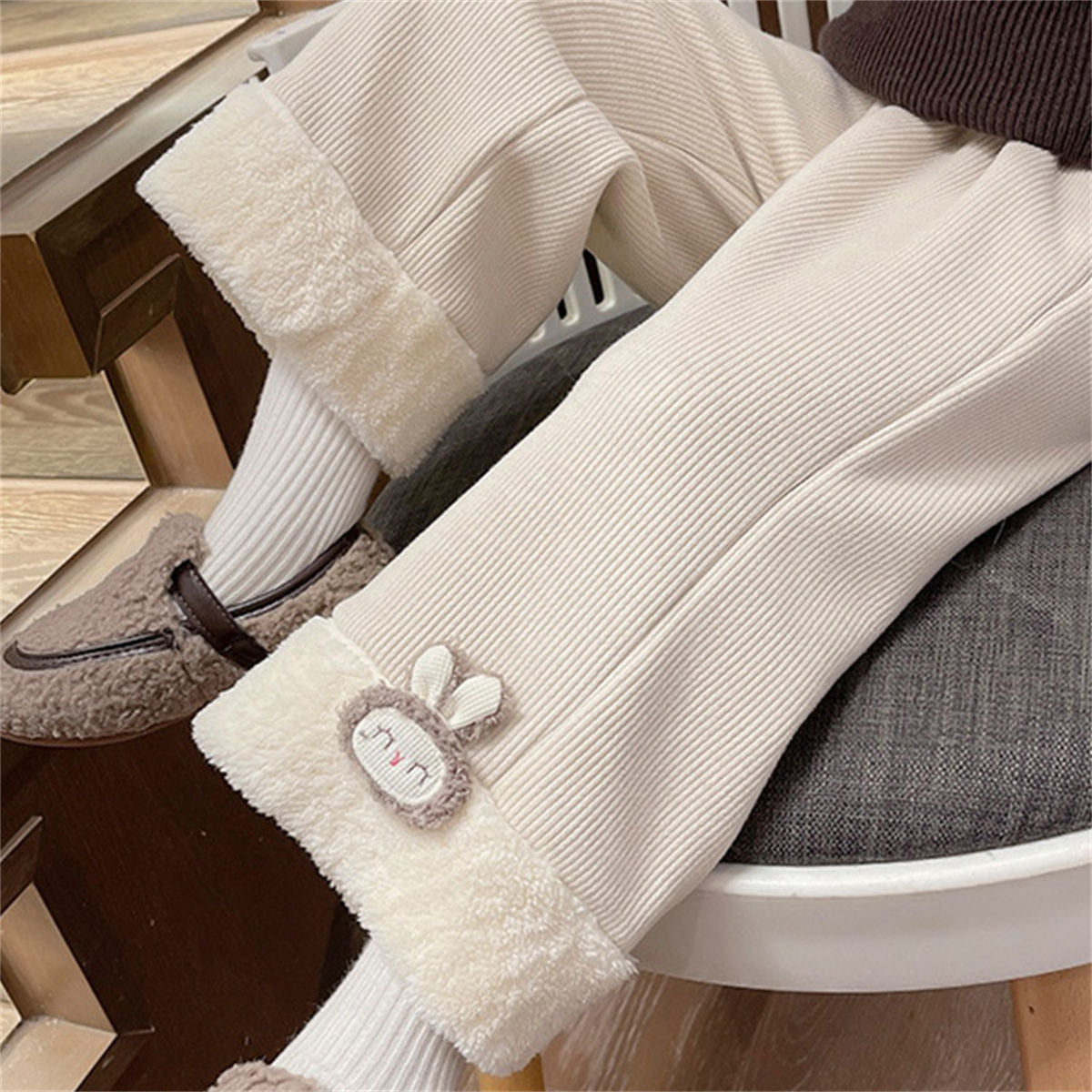 Winter cute solid color plush edge plush warm knitted trousers for middle and large children and girls