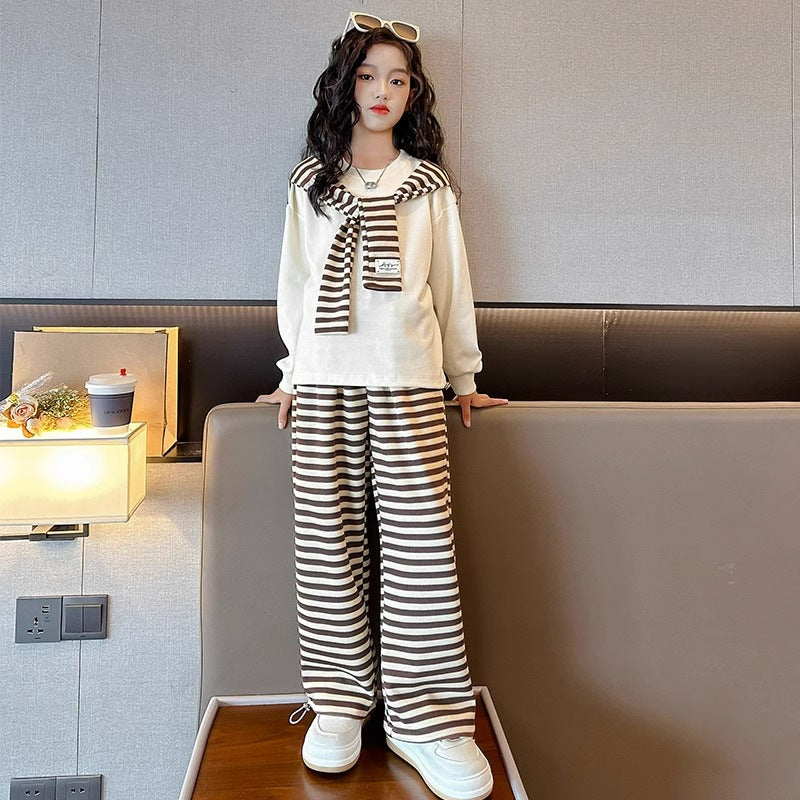 Big Kids Spring and Autumn New Temperament Shawl Tops and Trousers Striped Two-piece Set