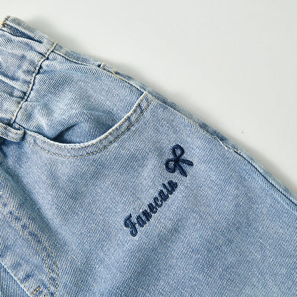 4-9 Years Embroidered Denim Wide-Leg Pants