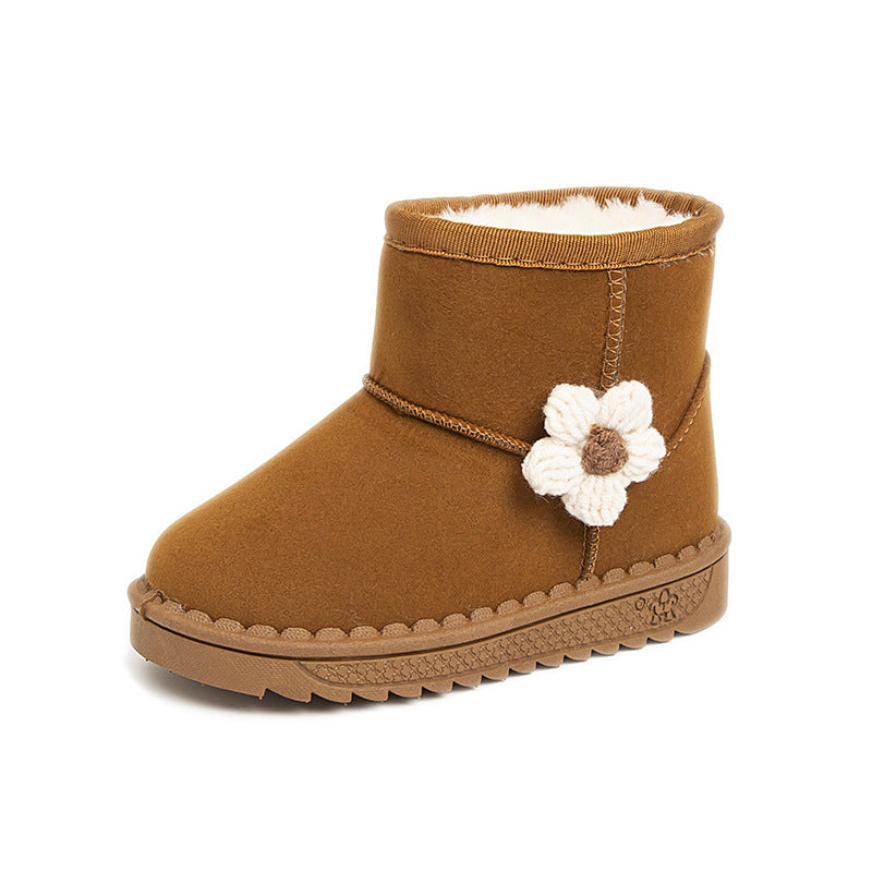 Winter solid color simple flower style warm casual snow boots high top cotton shoes for middle and large children girls