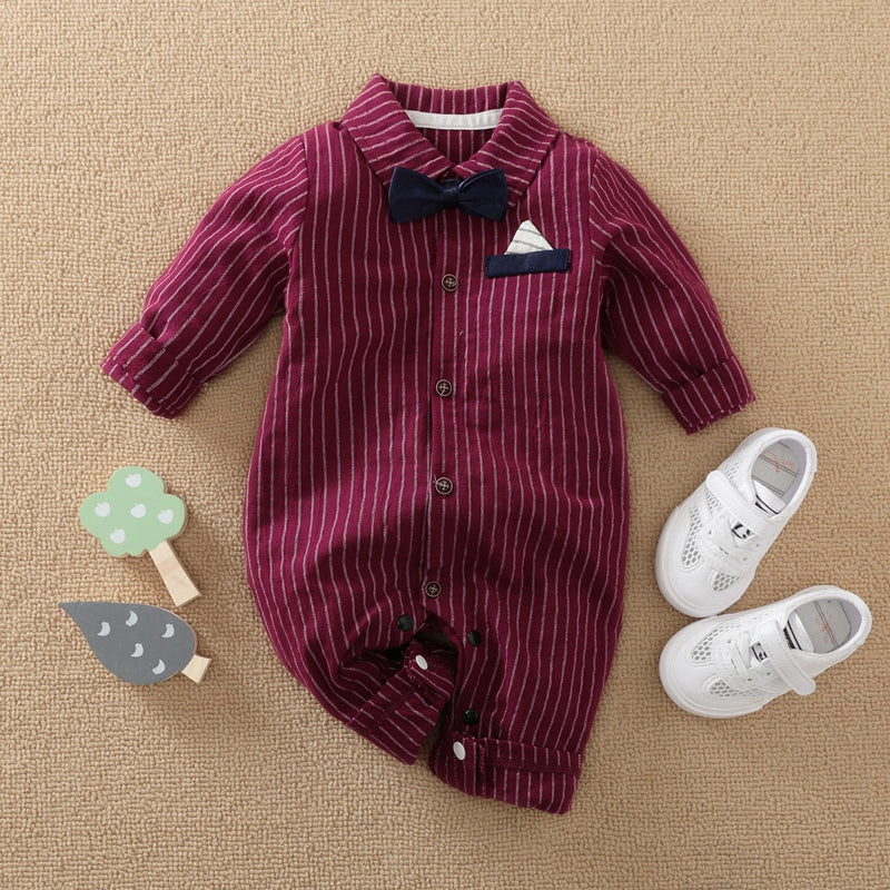 Baby Boy Bow Decor Striped Long-sleeved long-leg romper