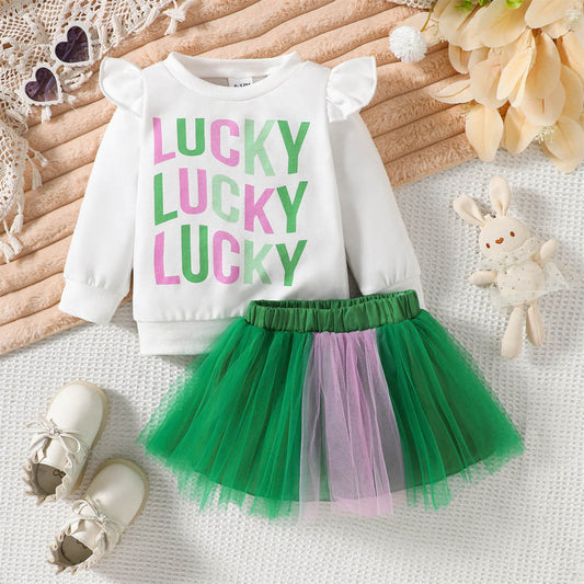 Girls Spring Long Sleeve Letter Sweater Color Block Mesh Tutu Skirt Set