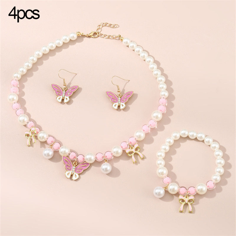 Children's 3-piece sweet pink pearl beaded butterfly pendant jewelry set