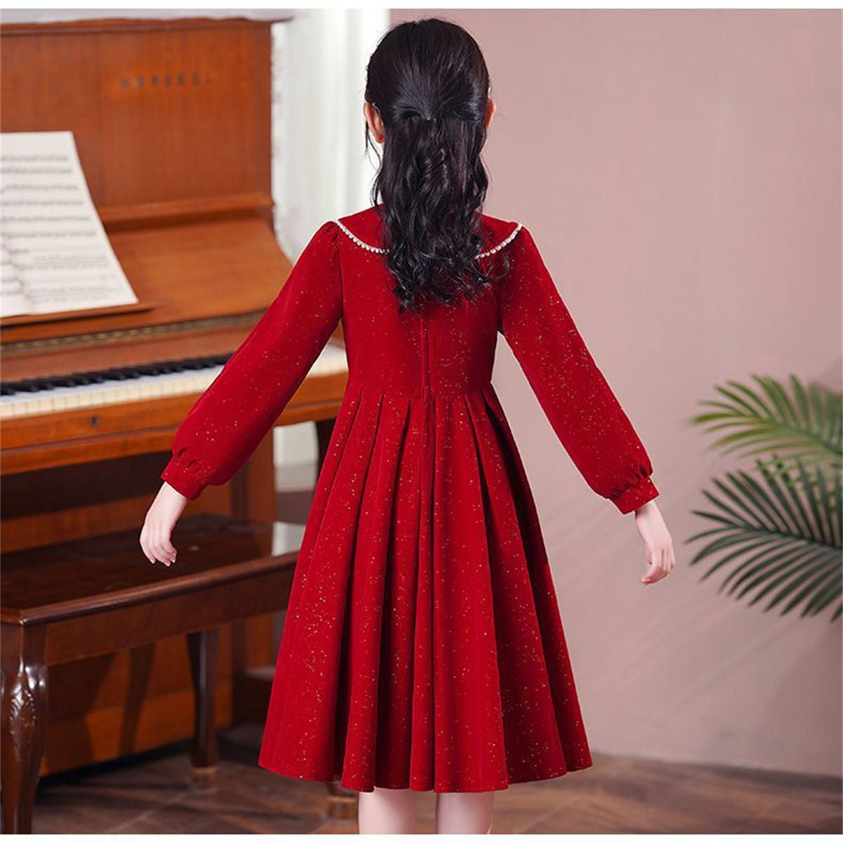 Winter solid color exquisite lady style shiny bow long sleeve dress for middle and large children girls