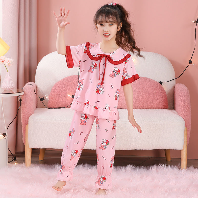 Short-sleeved and long pants children's pajamas cute cartoon home clothes set