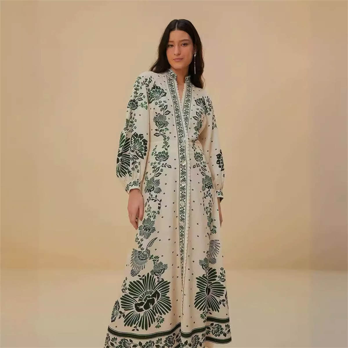 Printed Loose Single Breasted V-Neck Lantern Sleeve Vacation Long Dresses