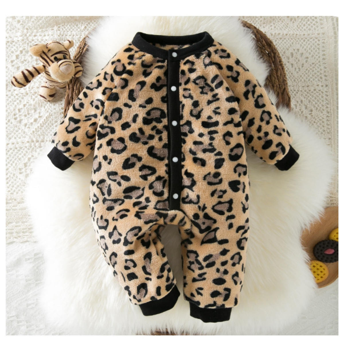 Newborn warm plus fleece long sleeve leopard print jumpsuit