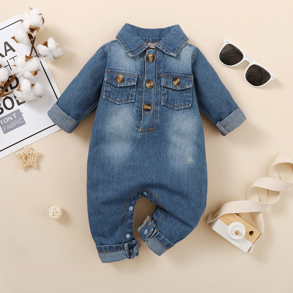 Baby Solid Color Pocket Front Button Decor Shirt Collar Long-sleeved Long-leg Denim Romper