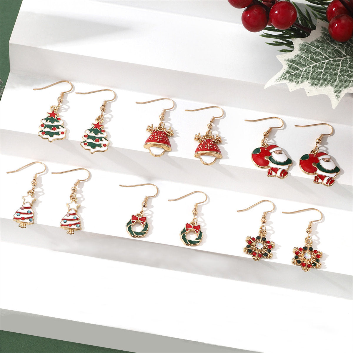 Women's 6-Pair Christmas Snowflake Pine Tree Cartoon Oil Drop Old Man Christmas Party Earrings