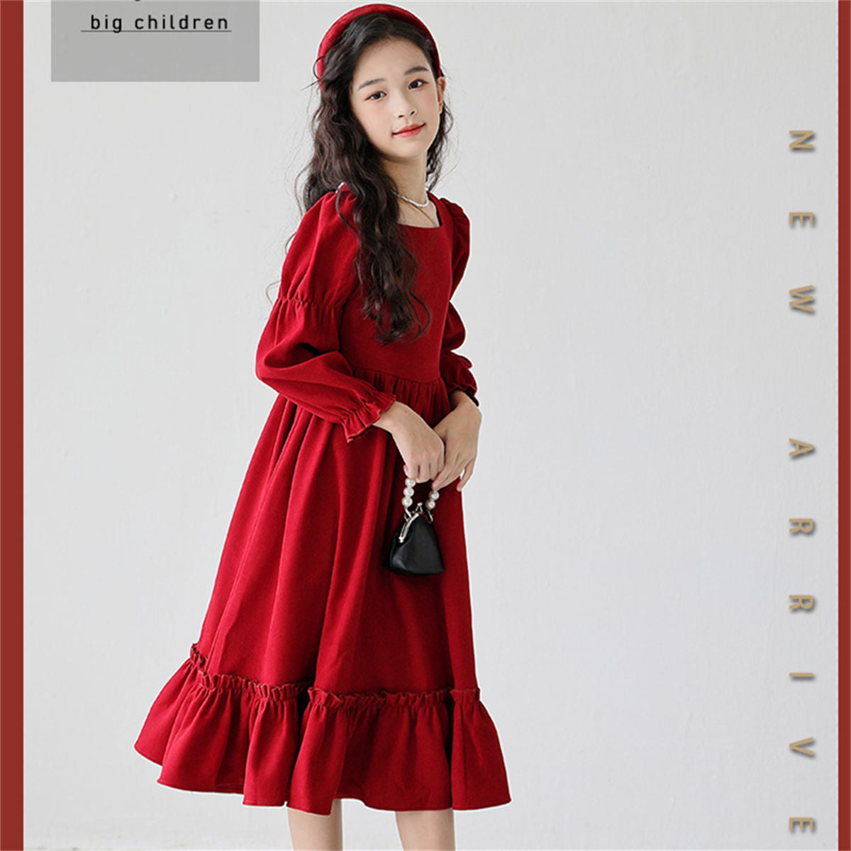 Autumn red elegant lady-style lace long-sleeved dress for middle and large girls