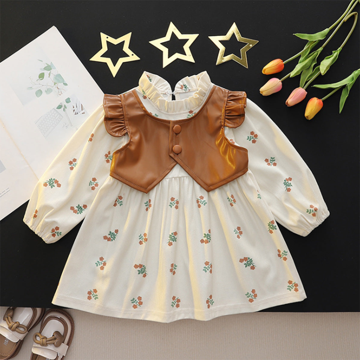 New spring and autumn girls vest floral long sleeve fake two-piece princess dress