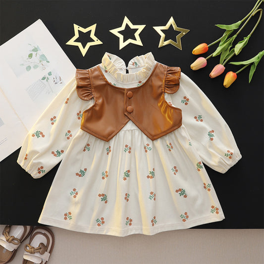 New spring and autumn girls vest floral long sleeve fake two-piece princess dress