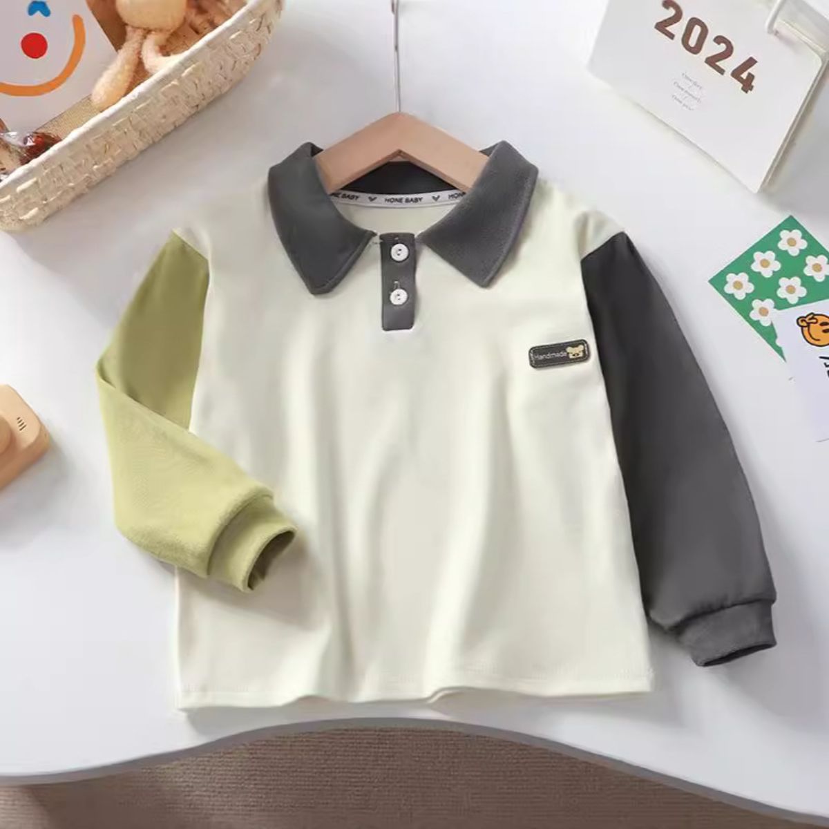 New children's long-sleeved polo shirts for boys, one-piece for girls, bottoming shirts for babies, lapel tops, German fleece children's clothes