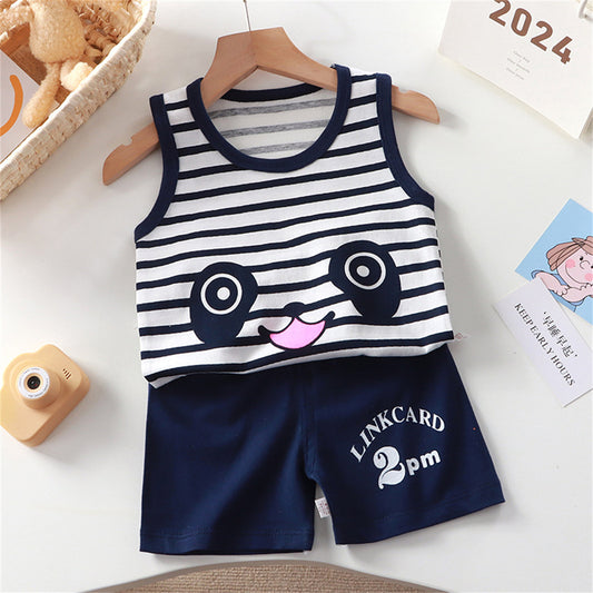 Cartoon pure cotton children's sleeveless boy summer wear small vest summer boy two-piece suit