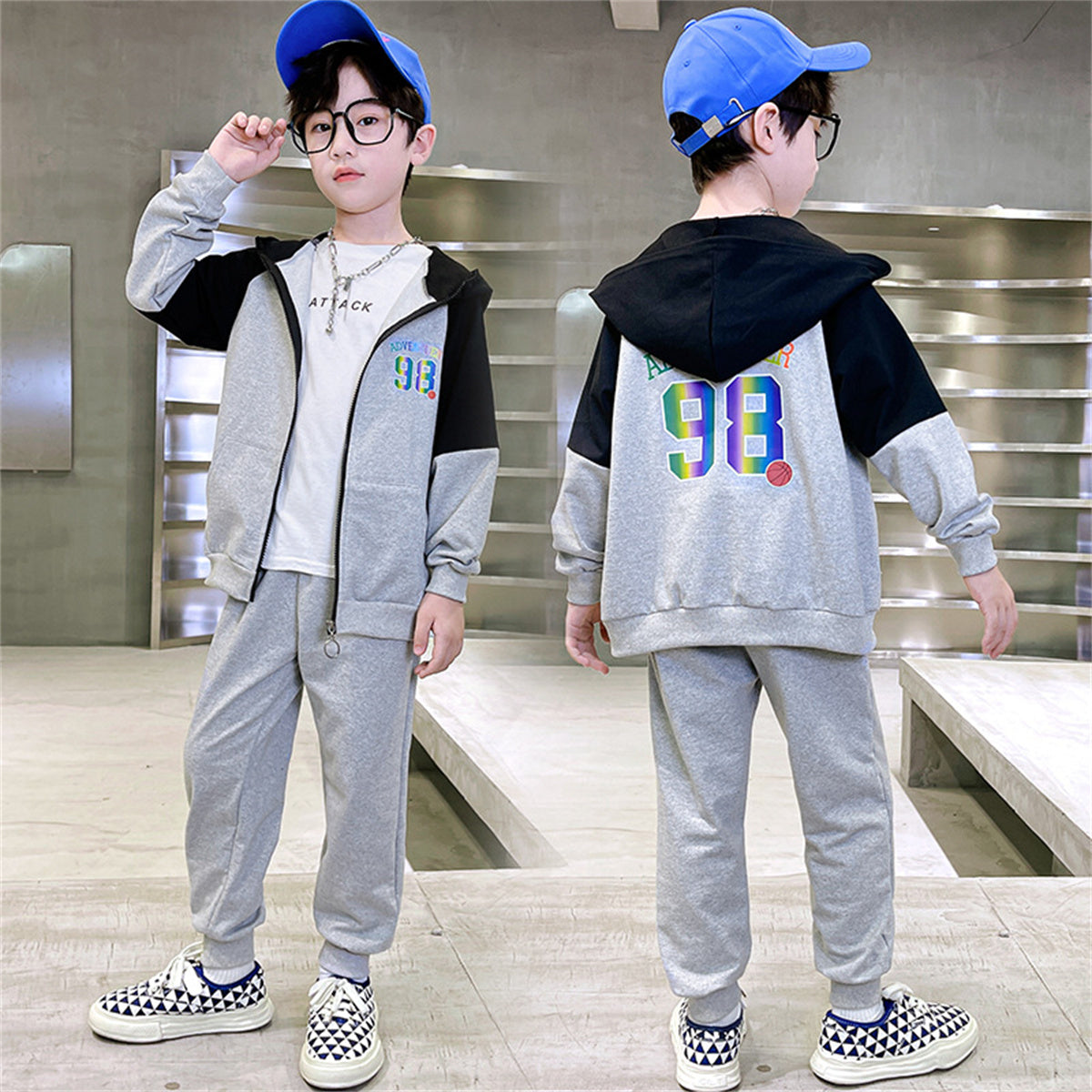 Daily leisure cardigan sweatshirt for middle and large children with hood and casual sports two-piece suit