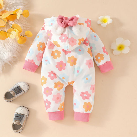 Newborn baby girl autumn and winter sweet casual cute comfortable soft three-dimensional plush bow hooded toddler jumpsuit long crawling clothes