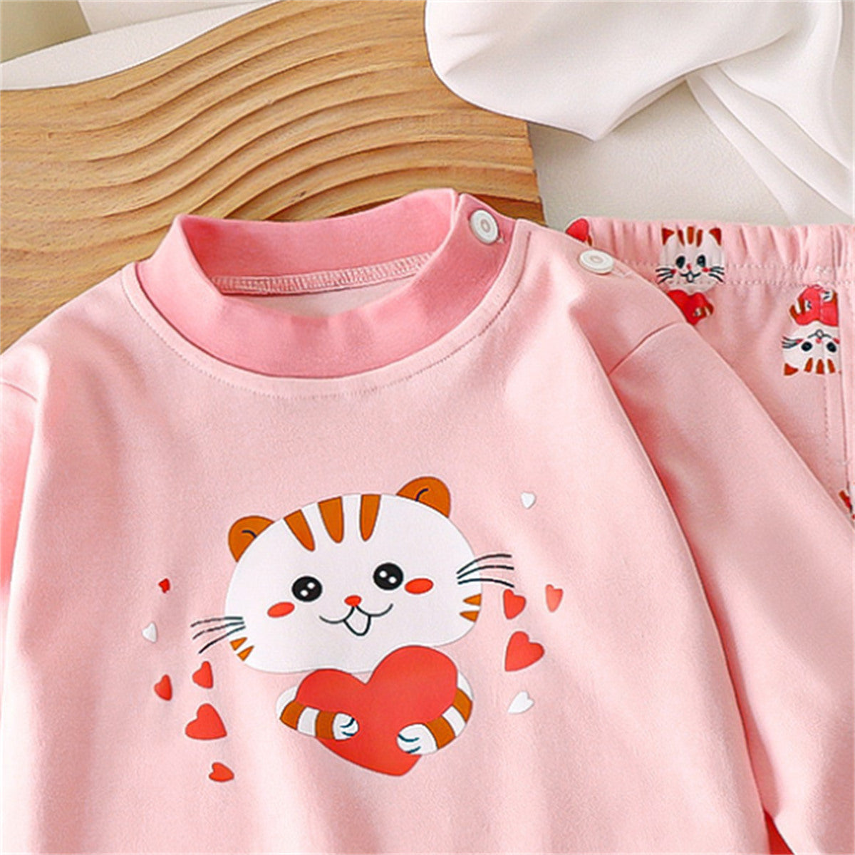 Pink little girl cute cat home clothes set