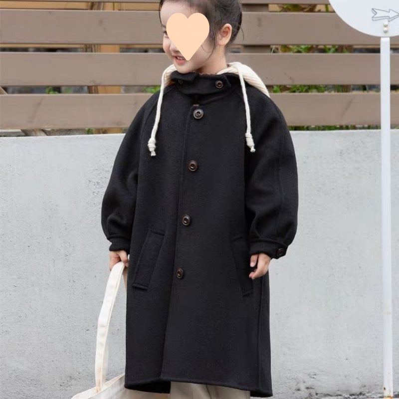 Girls woolen coat with hood, medium-length coat (hood is removable)