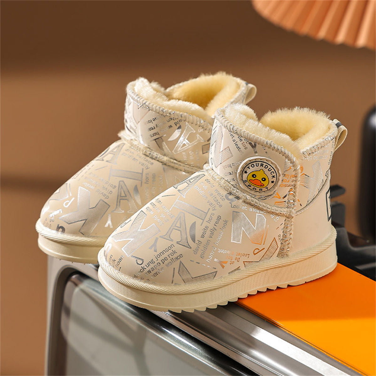 Winter yellow duck printed letter style casual waterproof warm snow boots for boys and girls