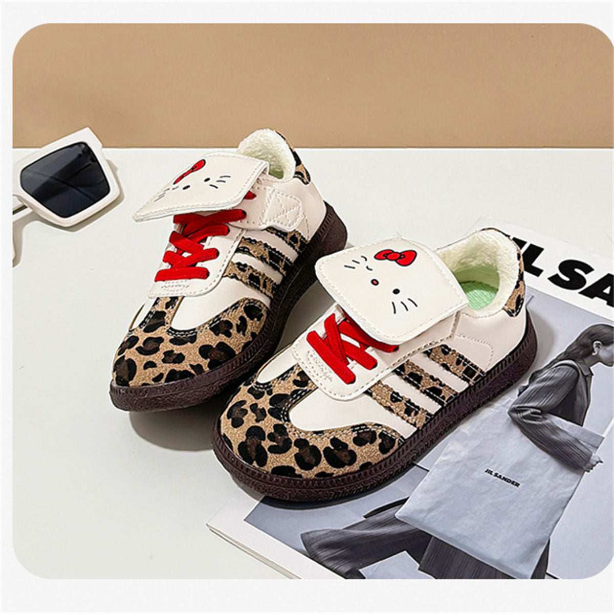 Middle and large girls autumn Kate cat leopard print soft bottom low top canvas shoes