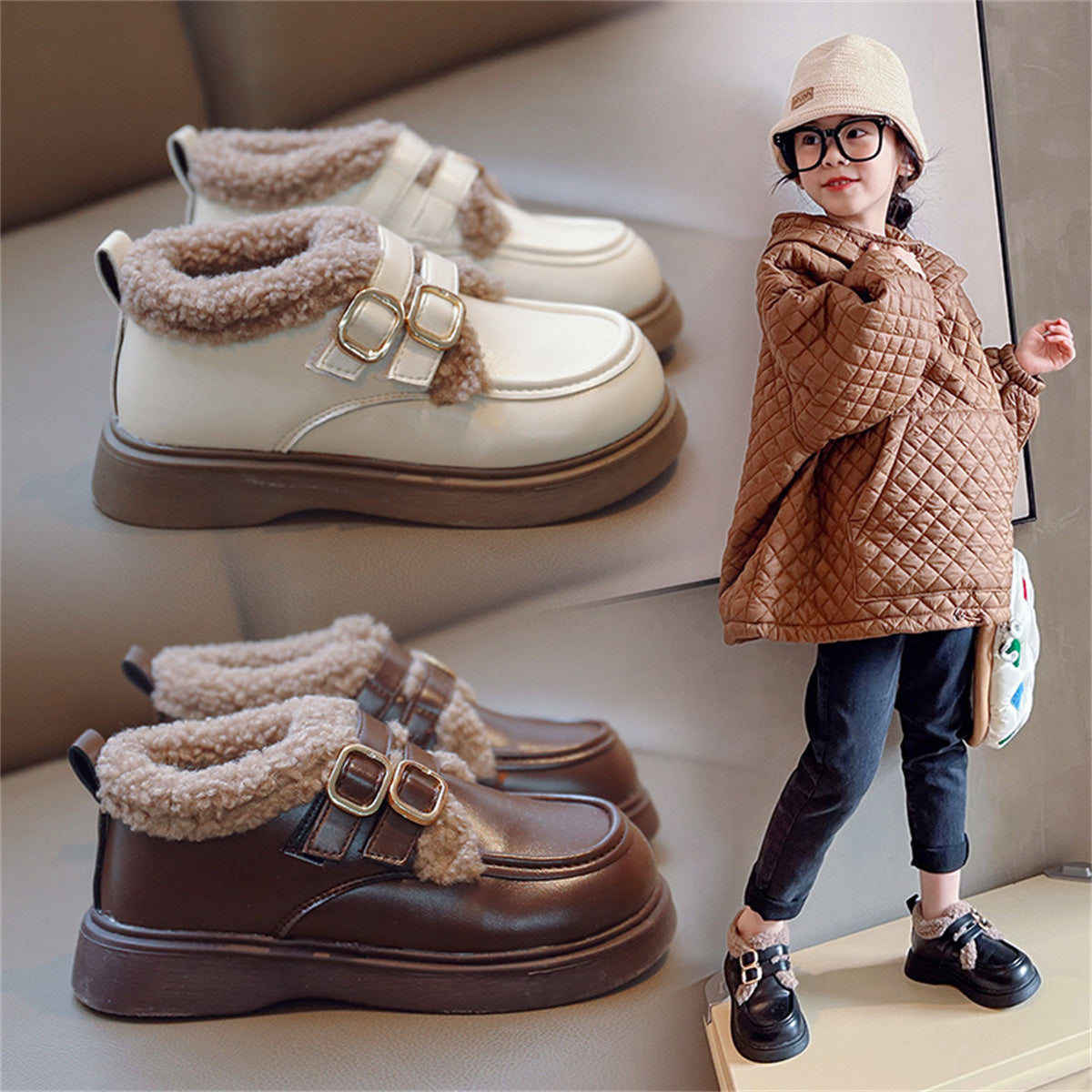 Children's girls' winter style British style plus velvet warm leather shoes low-top cotton shoes