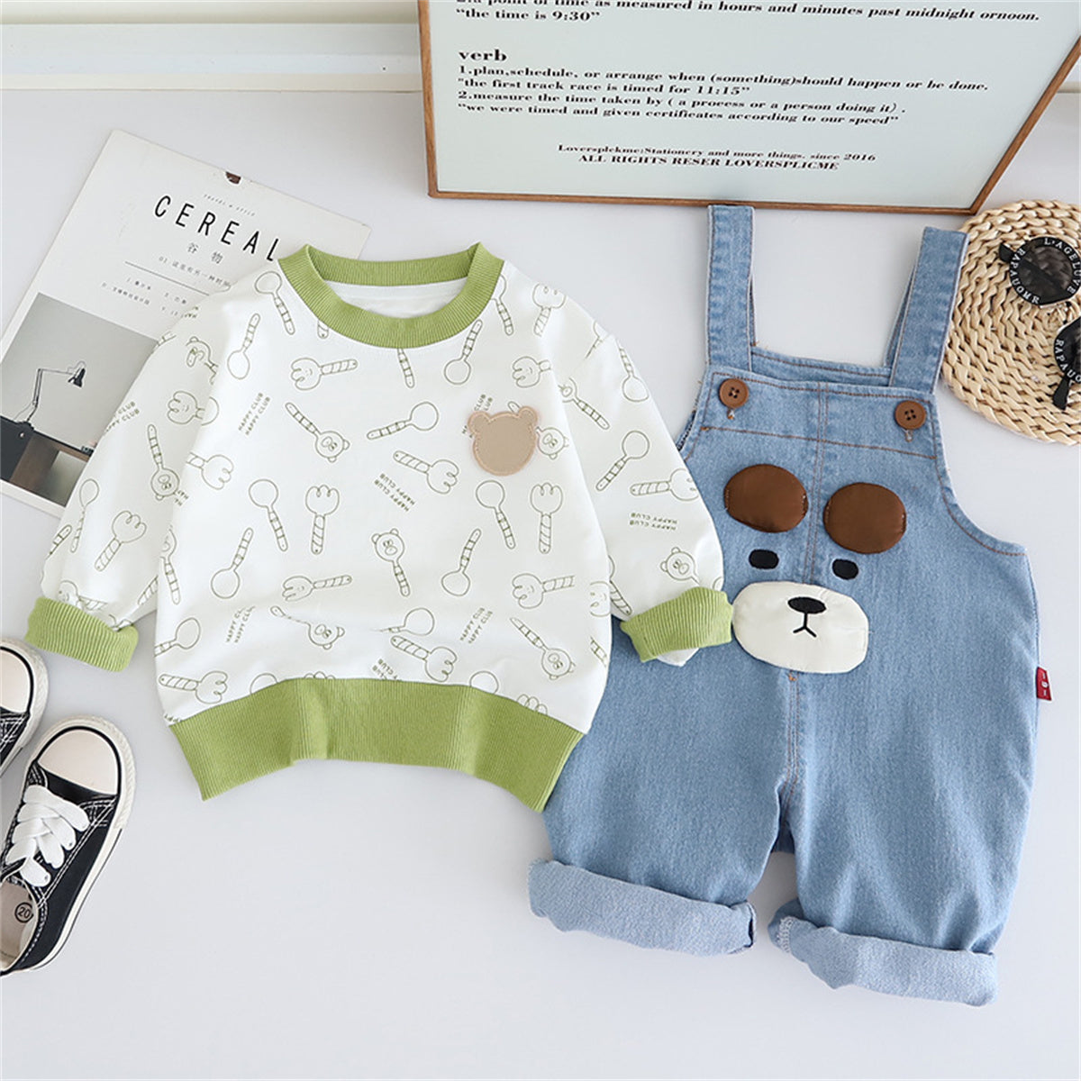 Boys Spring and Autumn Cartoon Denim Overalls Two-piece Set