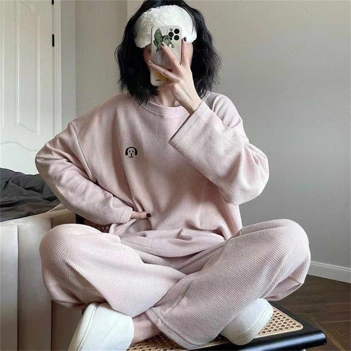 Long-sleeved waffle pajamas sweet girl round neck loose home clothes